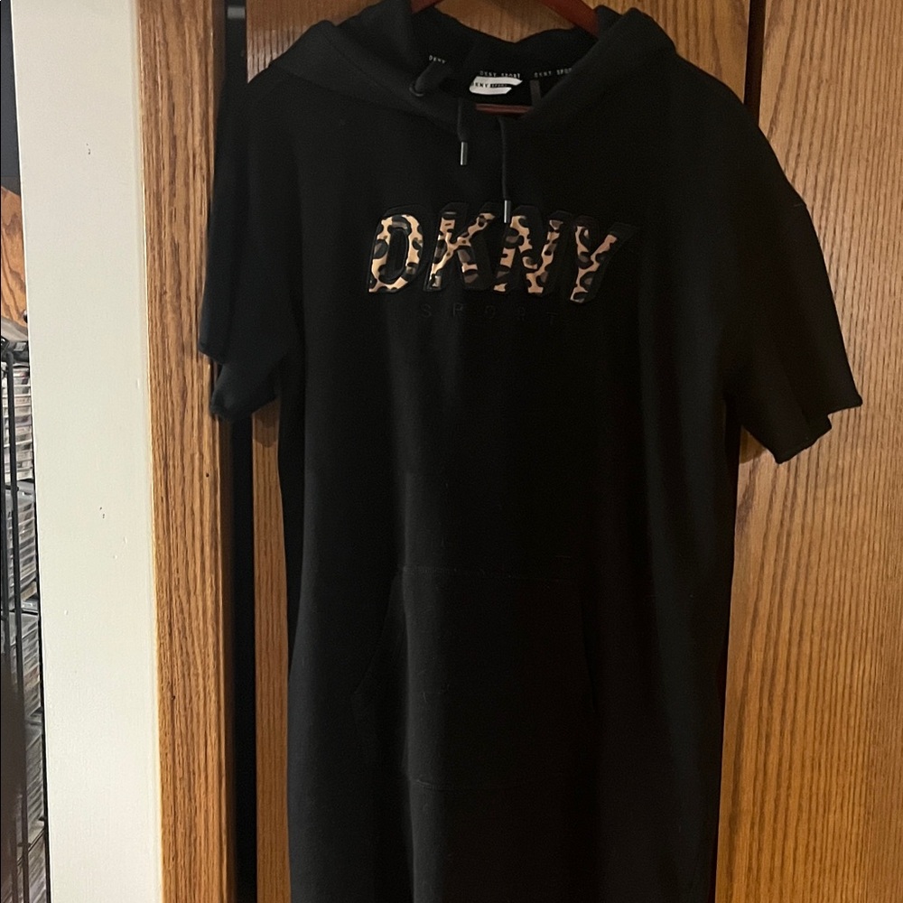 DKNY Black Hoodie Dress with Animal Print Logo